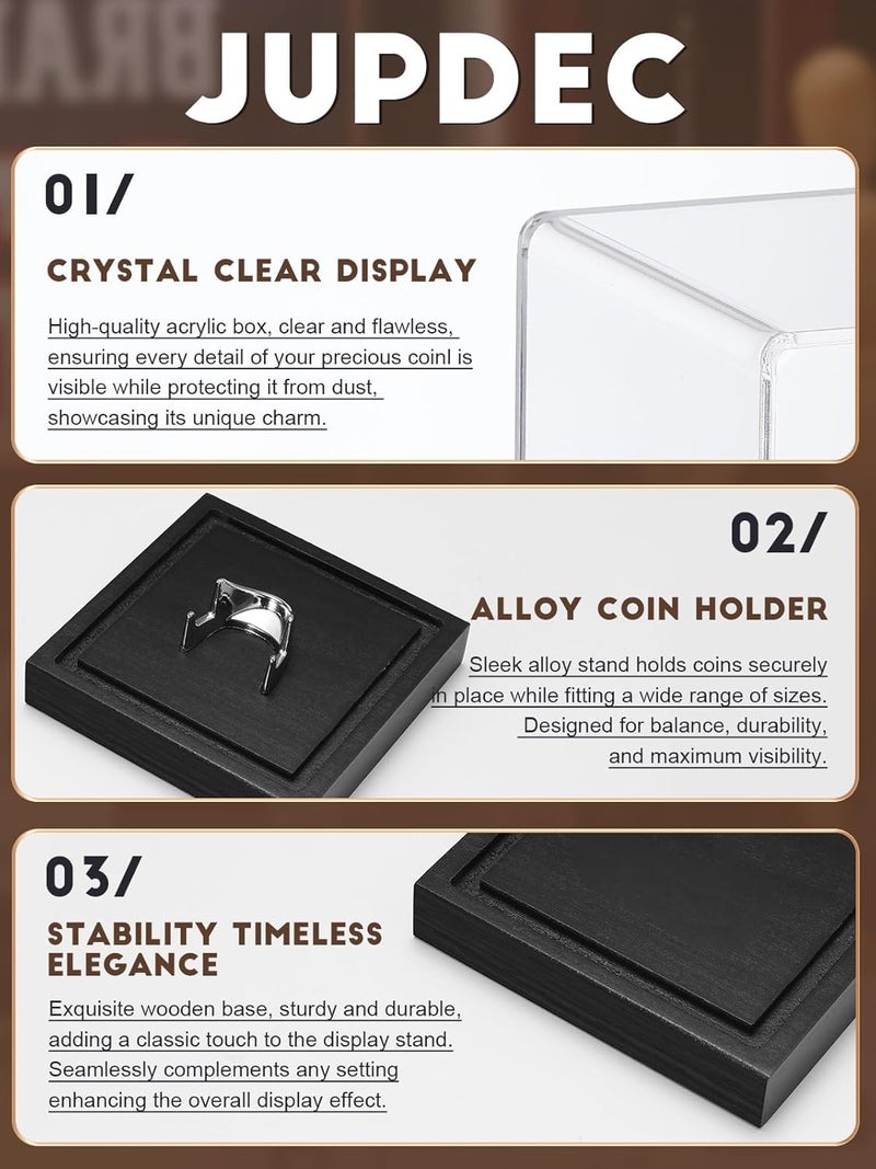JupDec Coin Display Case, Clear Acrylic Showcase with Wood Base & Alloy Holder for Single Challenge Coin, UV Protection Souvenirs and Collectibles Box, Ideal Gift for Coin Fans, Black - Image 5
